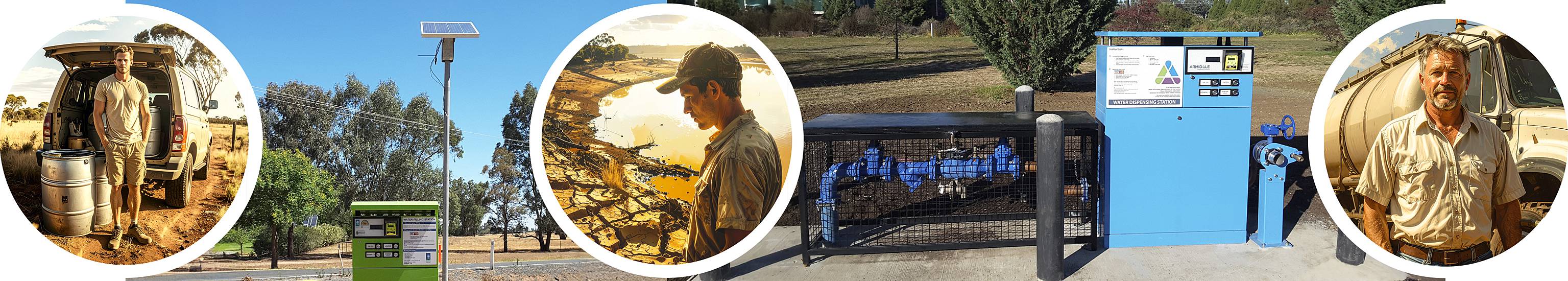 Collage depicting rural water management solutions by Abberfield Industries. Includes solar-powered water dispensing stations, secure plumbing systems with residual pressure devices housed in protective cages, used in agricultural and drought-prone regions. Showcases infrastructure designed for efficient water distribution and long-term environmental resilience.